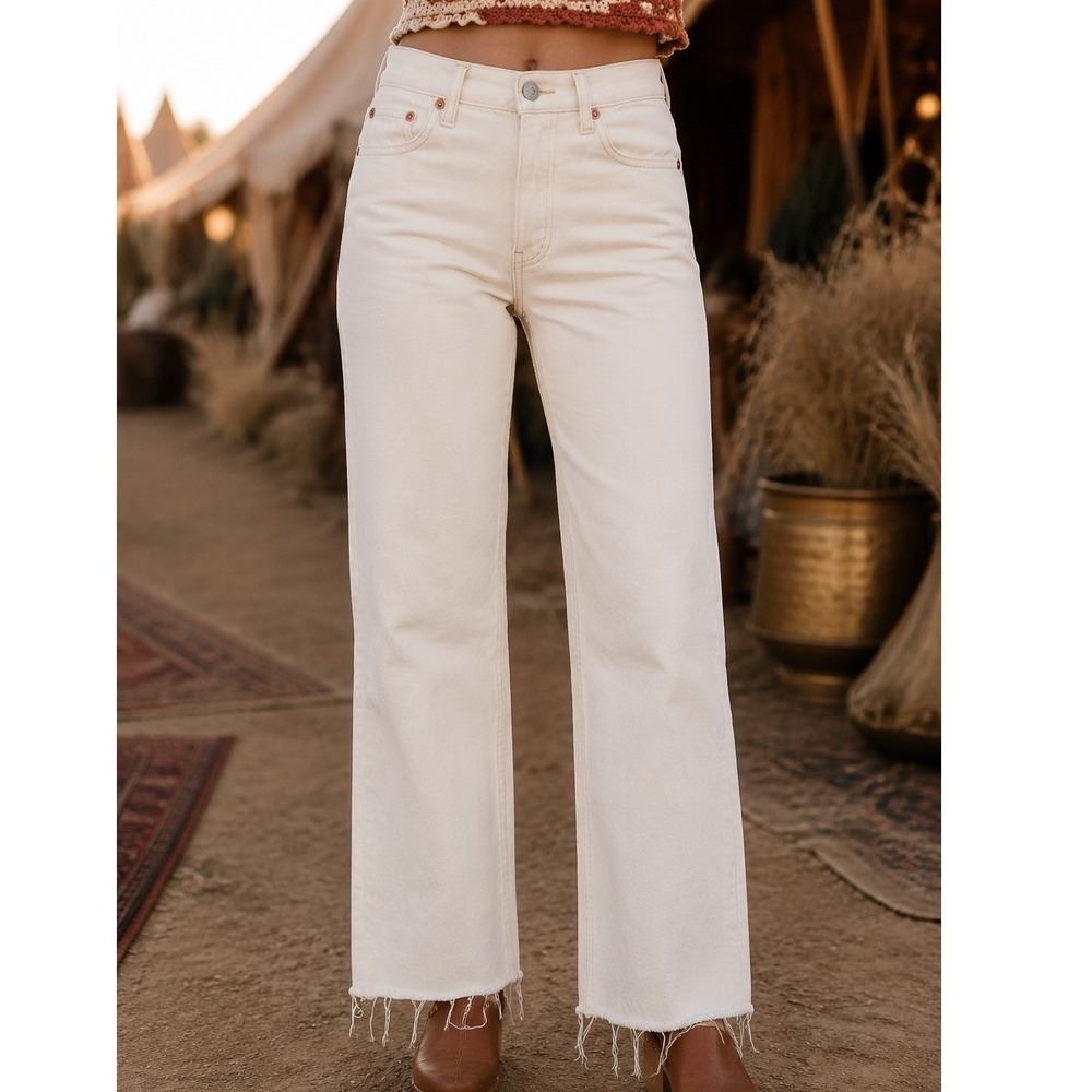 RE/DONE Womens High Rise Straight Leg Jeans Vintage White Raw Hem 26 Cropped